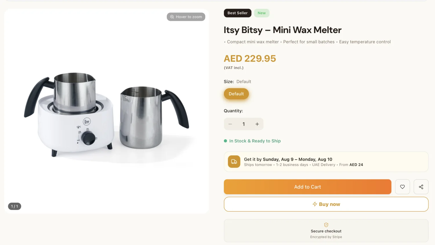 The Itsy Bitsy mini wax melter product page: the melter photographed beside its pouring jar, Best Seller and New badges, AED 229.95 including VAT, a size and quantity picker, an in-stock line with the delivery window and shipping cost, then Add to Cart above Buy Now and a note that checkout is encrypted by Stripe.