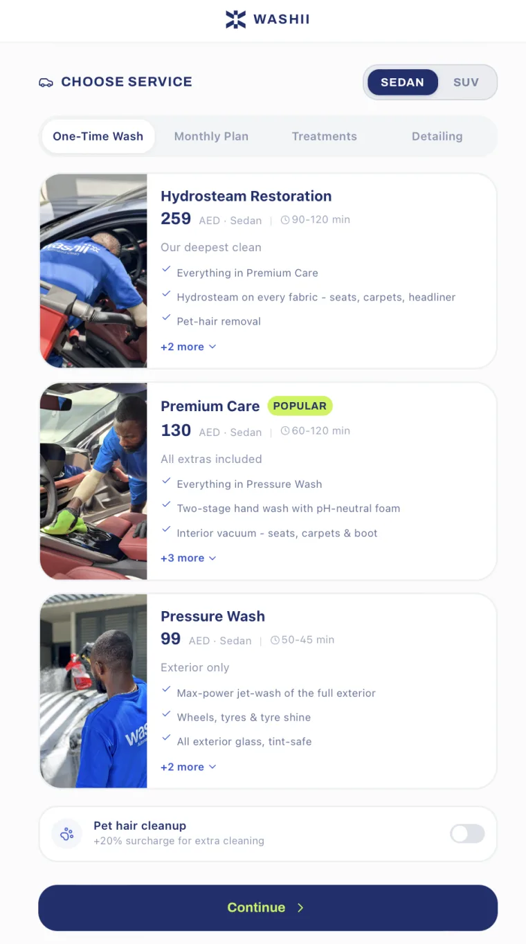 The booking screen: sedan or SUV, tabs for one-time wash, monthly plan, treatments and detailing, then the three packages with their prices and durations - Hydrosteam Restoration at 259 AED, Premium Care at 130 AED marked popular, and Pressure Wash at 99 AED.